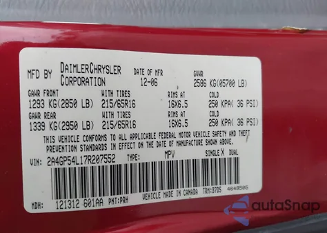 2007 Chrysler Town & Country Touring from USA, damaged, VIN 2A4GP54L17R207552